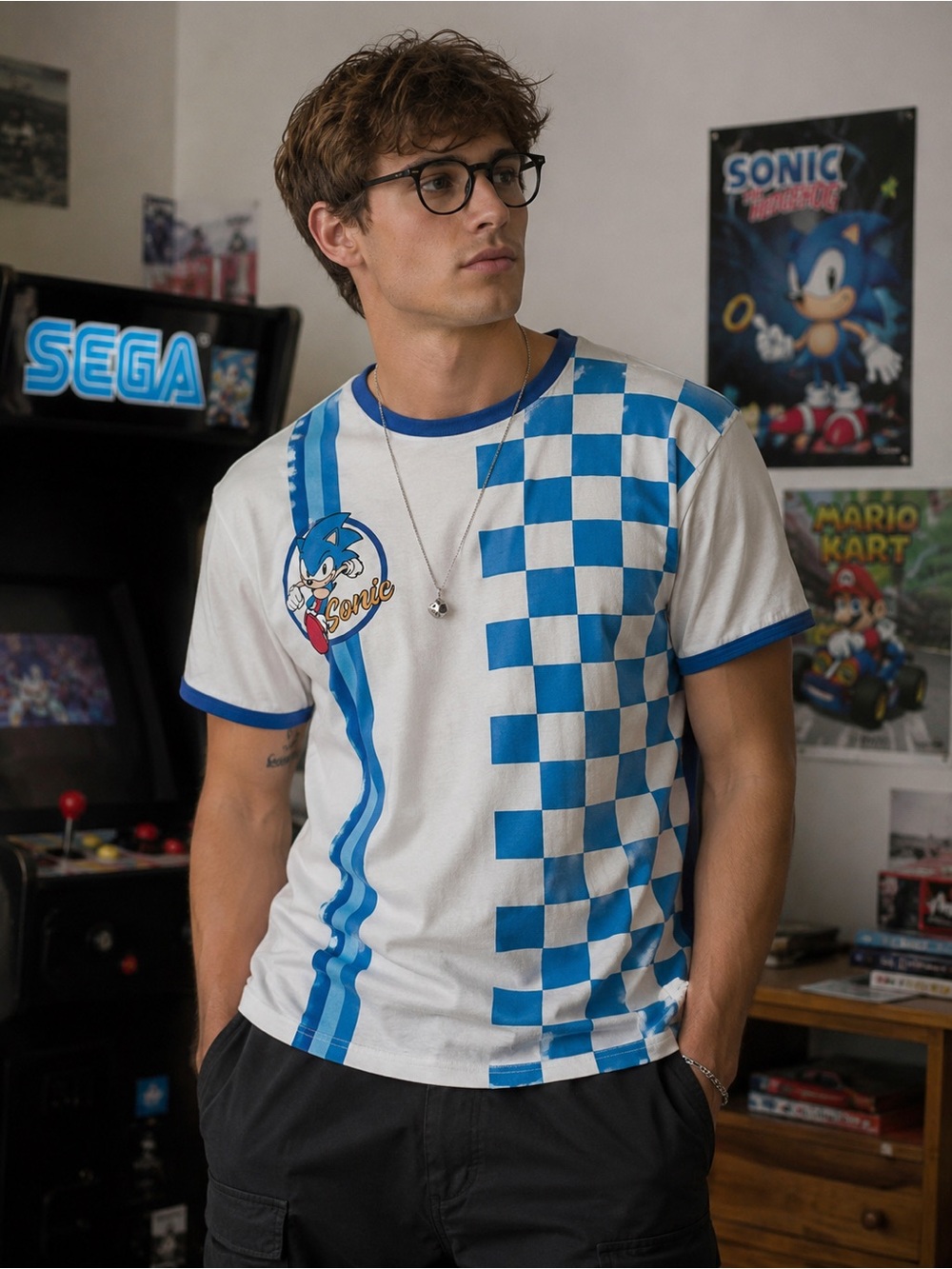 Sonic the Hedgehog Checkered Ringer Tee XL BoxLunch Exclusive Y2K Sold Out Geek